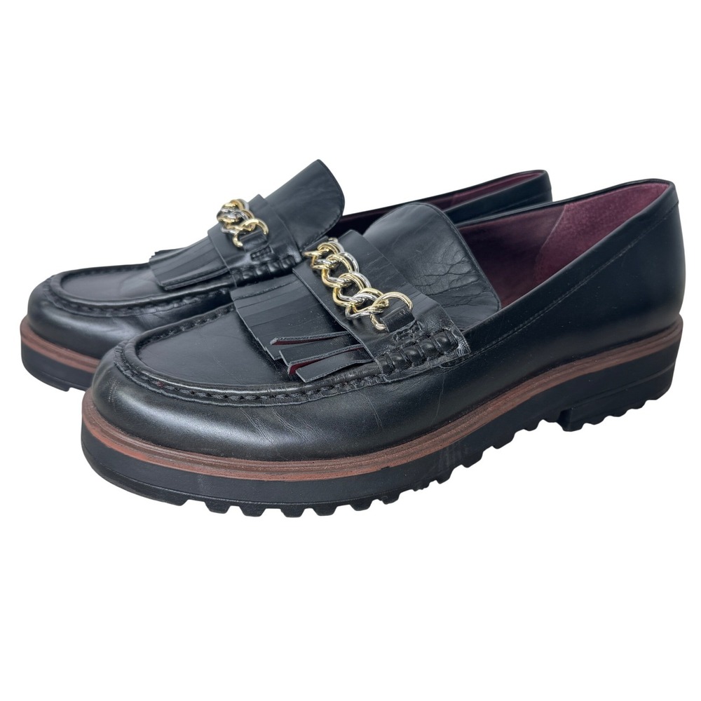 Franco Sarto Chunky Platform Loafers 10 Black Lug Sole Fringe Preppy Slip On